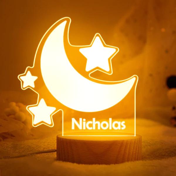 Lampe de nuit en acrylique avec nom personnalisé, lune et étoile